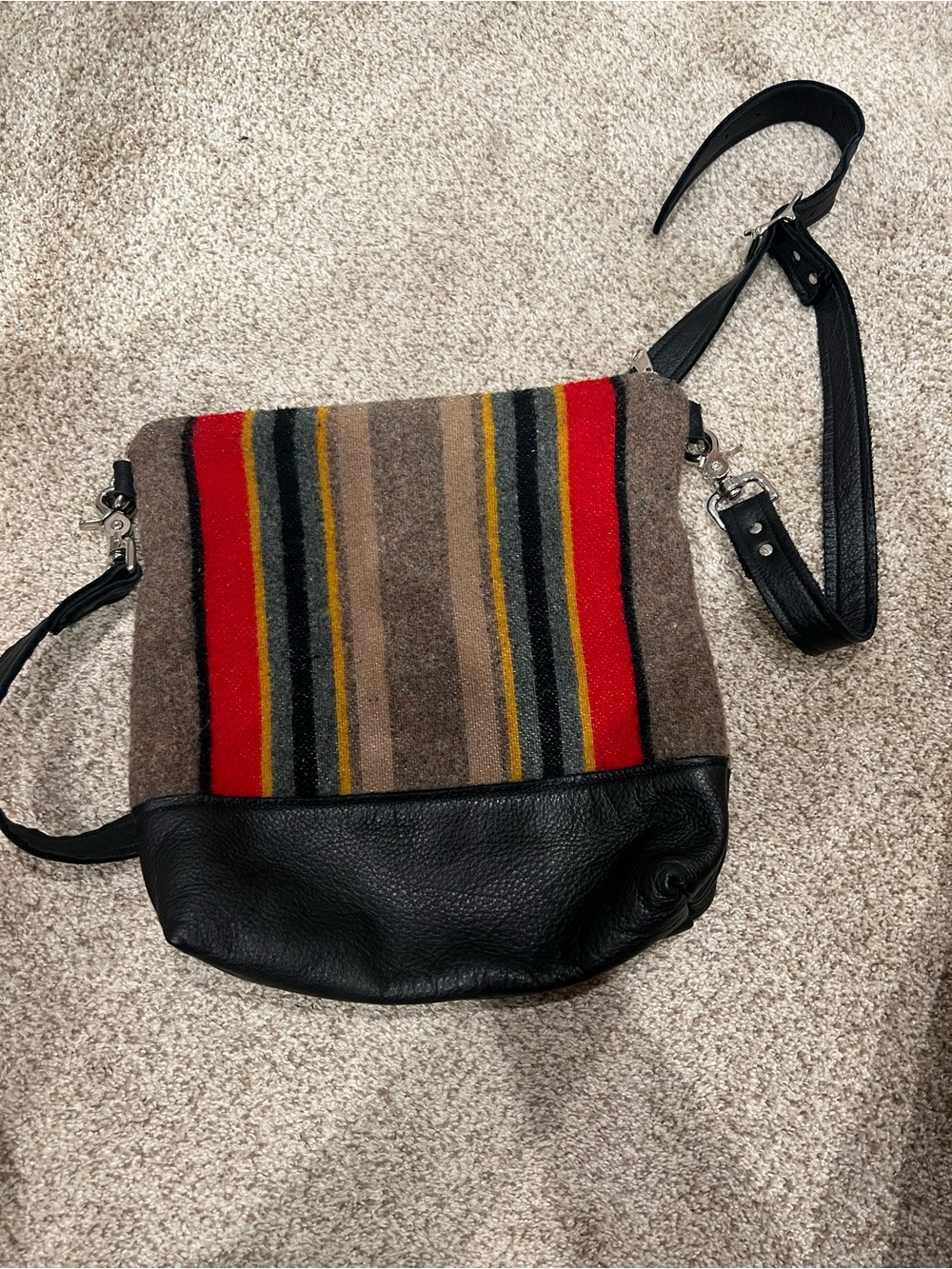Pendleton Striped Wool and Black Leather Crossbody Bag - Red Accent